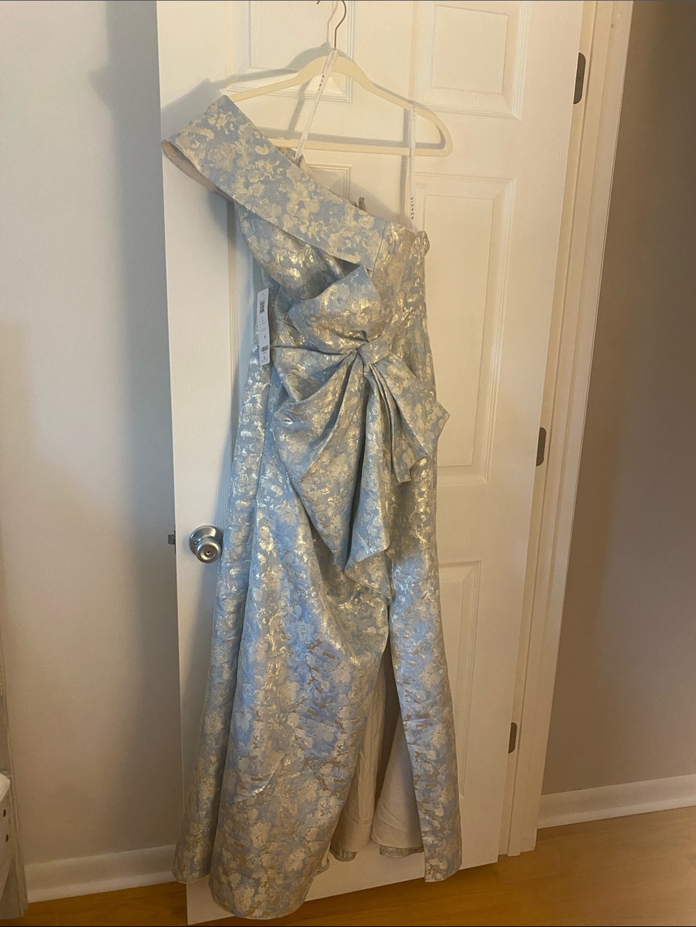 Azazie One-Shoulder Floral Jacquard Gown in Light Blue and Silver
